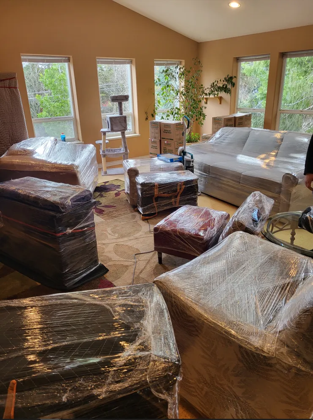 Living room furniture individually protected with wrapping
